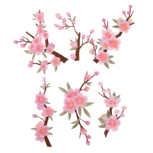 TOVINANNA 6 Stück Teiliges Bestickte Blumen Bügelbilder Pflaumenblüten Applikationen Rosa Blüten Stoffpatches für Kleidung Taschen Hüte DIY Nähen Reparatur von TOVINANNA