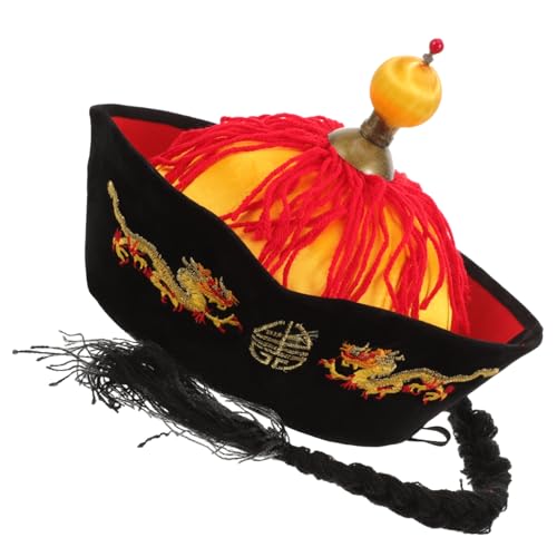 TOVINANNA Chinesischer Qing Kaiserhut mit Zöpfen Traditioneller Orientalischer Kostümhut für Cosplay Party und Bühne Dekorativer Pferdeschwanz Hut für Erwachsene Langlebig und von TOVINANNA