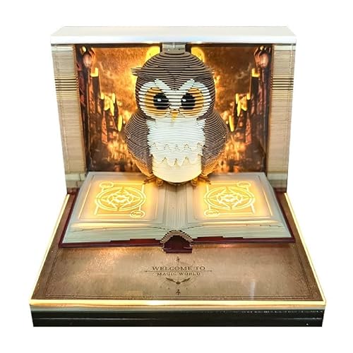 3D Kalender 2026, 3D Notizblock Schreibtischkalender mit Lichtern 2026 Abreißbaren Kalender mit Anzeigebox Glasklar 2026 Tischkalender Notizblock Papierskulptur Desktop Ornament (Eule) von TOWEBOORY