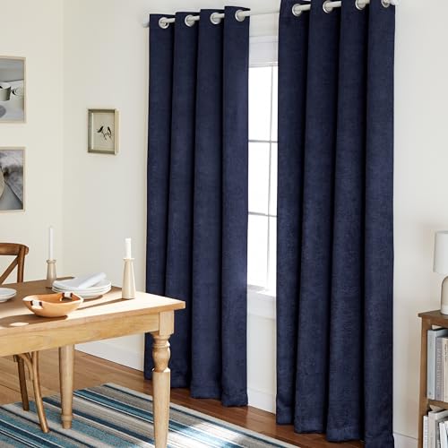 Exclusive Home Curtains Vorhänge aus Satinstoff mit Oxford-Textur, Thermisch, mit Ösenöffnungen Oben, für Fenster, abdunkelnd, Polyester, Navy, 52x84 von TOWN & COUNTRY EVERYDAY