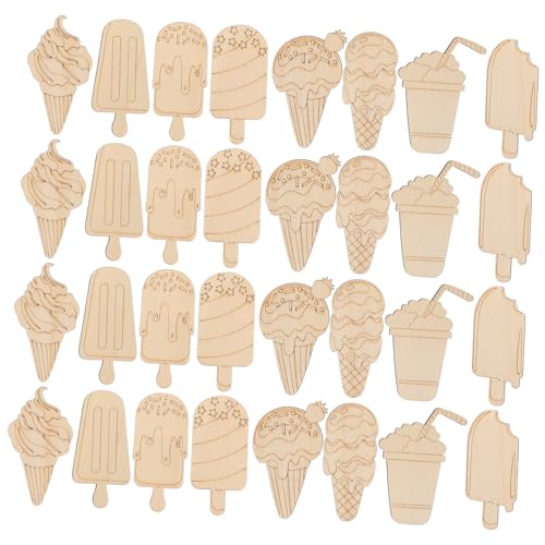 TOYANDONA 32 Stück Teiliges Eiscreme Holzset Unfertige Blanko Holzfiguren zum Bemalen für Kreative DIY Malprojekte Sommerparty Holzformen für Gruppenaktivitäten von TOYANDONA
