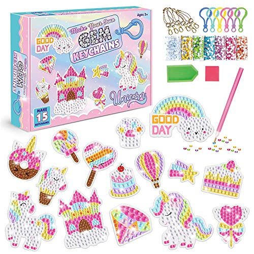 TOYESS 15 PCS Diamant Painting Kinder Set, DIY 5D Diamond Painting Schlüsselanhänger Mit Diamanten, Acrylplatten und Sonstiges Zubehör, Geschenk Mädchen für 6 7 8 9 10 11 12 Jahre, Einhorn von TOYESS