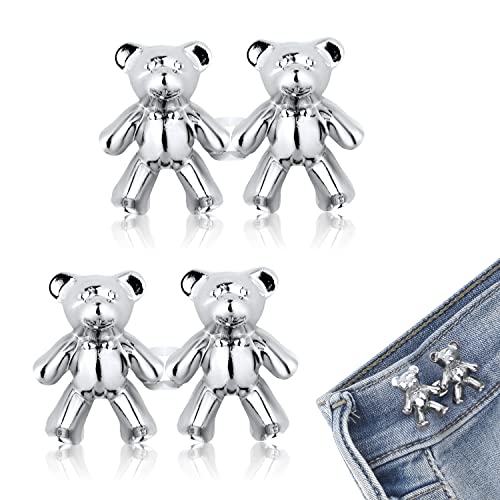 2stuks Bear Taillenschnallen, Jeans Knopf Ohne Nähen Verstellbare Knöpfe Verlängerung Knopfnadeln für Jeans Kein Nähen Jeansknopfnadeln für Lockere Jeans Leicht Anzuziehende Taille (Silber) von TOYMIS