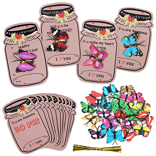 30 Stück Valentinstag Karten für Kinder, 3D Künstlicher Schmetterling Krüge Valentinskarten Tauschen für Jungen Mädchen Schulpreis zum Valentinstag Party-Gefälligkeiten von TOYMIS
