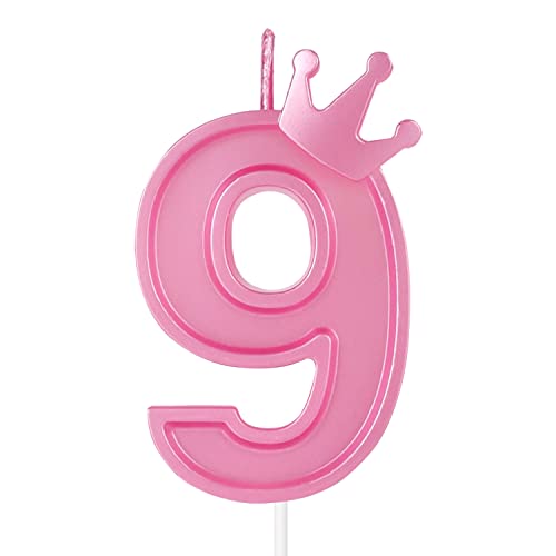 7,6cm Geburtstag Nummer Kerzen, 3D Zahlen Geburtstagskerzen mit Krone Geburtstagskerzen für Torte Zahlen Kuchenzahlenkerzen für Geburtstag Jahrestag Partys (Rosa; 9) von TOYMIS
