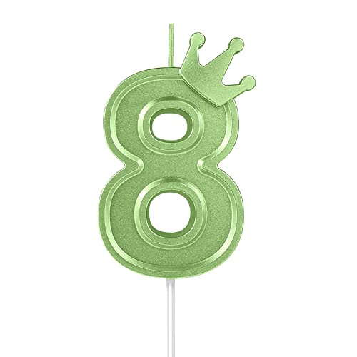 7,6cm Geburtstag Nummer Kerzen, 3D Zahlen Geburtstagskerzen mit Kronendekor Geburtstagskerzen für Torte Zahlen Kuchenzahlenkerzen für Kuchen Geburtstag Jahrestag Partys (Grün, 8) von TOYMIS