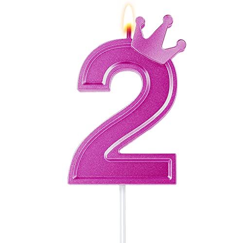 7,6cm Geburtstag Nummer Kerzen, 3D Zahlen Geburtstagskerzen mit Kronendekor Geburtstagskerzen für Torte Zahlen Kuchenzahlenkerzen für Kuchen Geburtstag Jahrestag Partys (Rosa, 2) von TOYMIS
