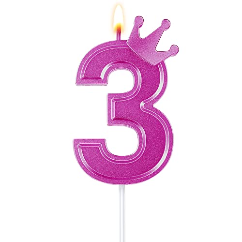 TOYMIS 7,6cm Geburtstag Nummer Kerzen, 3D Zahlen Geburtstagskerzen mit Kronendekor Geburtstagskerzen für Torte Zahlen Kuchenzahlenkerzen für Kuchen Geburtstag Jahrestag Partys (Rosa, 3) von TOYMIS