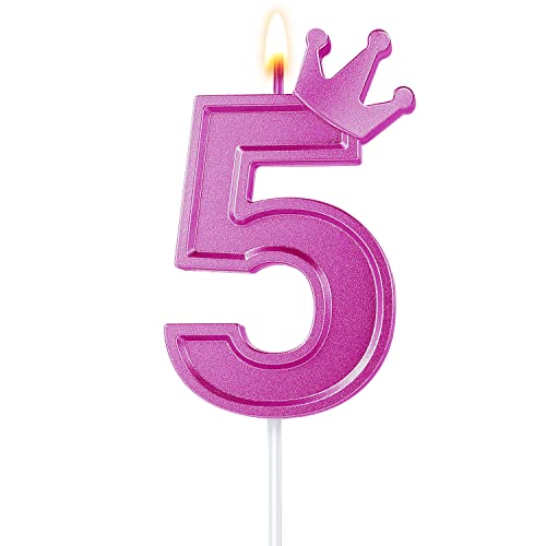 7,6cm Geburtstag Nummer Kerzen, 3D Zahlen Geburtstagskerzen mit Kronendekor Geburtstagskerzen für Torte Zahlen Kuchenzahlenkerzen für Kuchen Geburtstag Jahrestag Partys (Rosa, 5) von TOYMIS