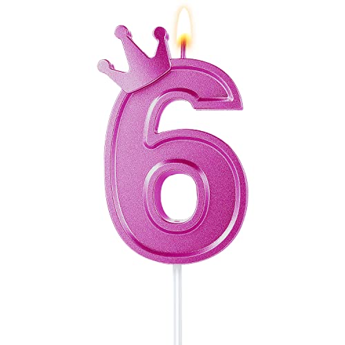 7,6cm Geburtstag Nummer Kerzen, 3D Zahlen Geburtstagskerzen mit Kronendekor Geburtstagskerzen für Torte Zahlen Kuchenzahlenkerzen für Kuchen Geburtstag Jahrestag Partys (Rosa, 6) von TOYMIS