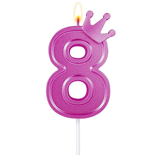 7,6cm Geburtstag Nummer Kerzen, 3D Zahlen Geburtstagskerzen mit Kronendekor Geburtstagskerzen für Torte Zahlen Kuchenzahlenkerzen für Kuchen Geburtstag Jahrestag Partys (Rosa, 8) von TOYMIS