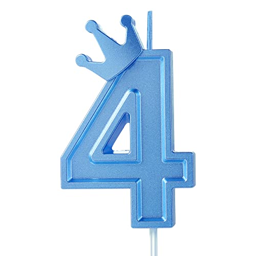 7,6cm Geburtstag Nummer Kerzen, Blau 3D Zahlen Geburtstagskerzen mit Krone Geburtstagskerzen für Torte Zahlen Kuchenzahlenkerzen für Geburtstag Jahrestag Partys (Blau, 4) von TOYMIS