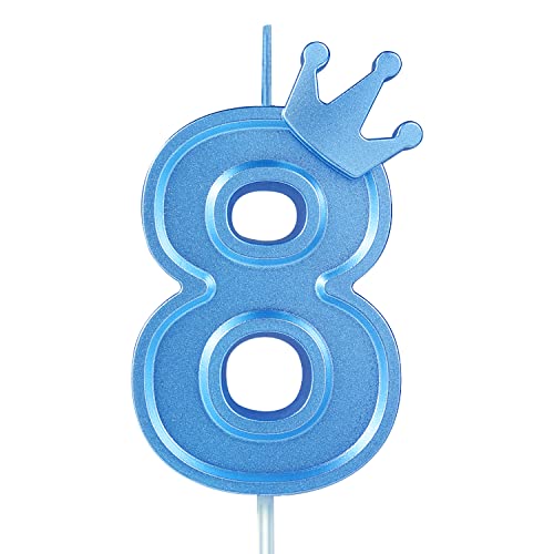 7,6cm Geburtstag Nummer Kerzen, Blau 3D Zahlen Geburtstagskerzen mit Krone Geburtstagskerzen für Torte Zahlen Kuchenzahlenkerzen für Geburtstag Jahrestag Partys (Blau, 8) von TOYMIS
