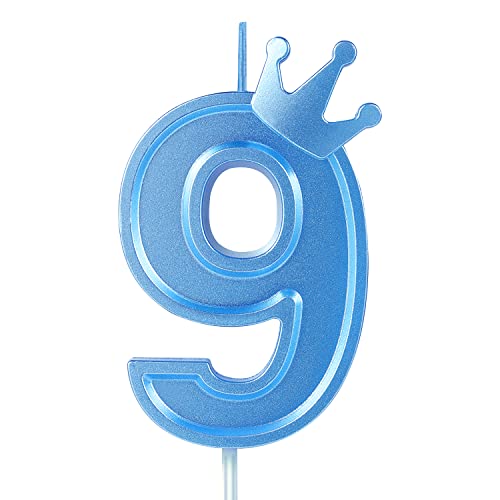 7,6cm Geburtstag Nummer Kerzen, Blau 3D Zahlen Geburtstagskerzen mit Krone Geburtstagskerzen für Torte Zahlen Kuchenzahlenkerzen für Geburtstag Jahrestag Partys (Blau, 9) von TOYMIS