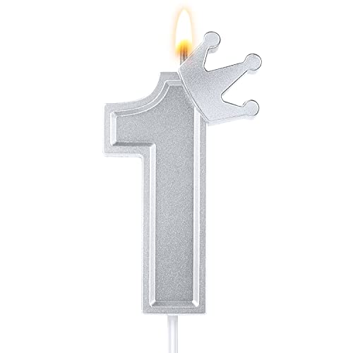 7,6cm Geburtstag Nummer Kerzen, Kronen Kerze 3D Zahlen Geburtstagskerzen Tortenaufsatz mit Krone Kuchenzahlkerzen Zahlenkerzen für Geburtstag Jubiläum Partys (Silber, 1) von TOYMIS