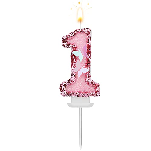 8 X 5 cm Geburtstag Nummer Kerzen, Glitzernde Zahlenkerze Rosa Zahlenkerzen Kuchenaufsatz Schmetterlings-Geburtstagskerzen mit Pailletten für Jubiläumsfeiern (Nummer 1) von TOYMIS