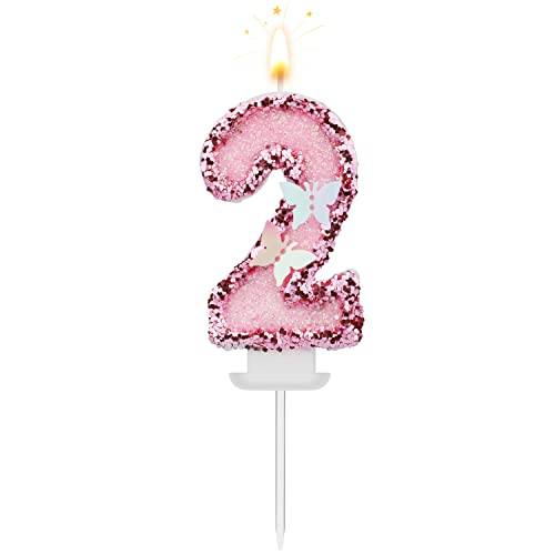 TOYMIS 8 X 5 cm Geburtstag Nummer Kerzen, Glitzernde Zahlenkerze Rosa, Unparfümiert, Schmetterlings-Geburtstagskerzen mit Pailletten für Jubiläumsfeiern (Nummer 2) von TOYMIS