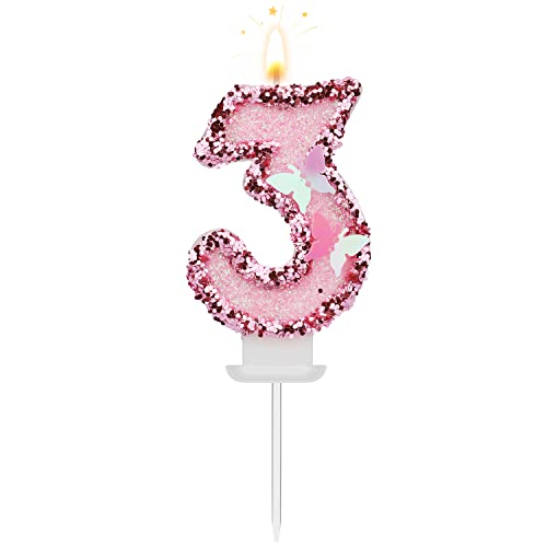 TOYMIS 8 X 5 cm Geburtstag Nummer Kerzen, Glitzernde Zahlenkerze Rosa Zahlenkerzen Kuchenaufsatz Schmetterlings-Geburtstagskerzen mit Pailletten für Jubiläumsfeiern (Nummer 3) - Unparfümiert - Kerze von TOYMIS