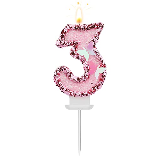 8 X 5 cm Geburtstag Nummer Kerzen, Glitzernde Zahlenkerze Rosa Zahlenkerzen Kuchenaufsatz Schmetterlings-Geburtstagskerzen mit Pailletten für Jubiläumsfeiern (Nummer 3) von TOYMIS