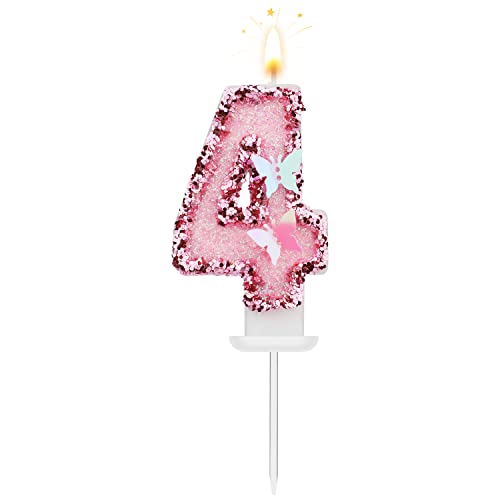 8 X 5 cm Geburtstag Nummer Kerzen, Glitzernde Zahlenkerze Rosa Zahlenkerzen Kuchenaufsatz Schmetterlings-Geburtstagskerzen mit Pailletten für Jubiläumsfeiern (Nummer 4) von TOYMIS