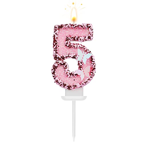 8 X 5 cm Geburtstag Nummer Kerzen, Glitzernde Zahlenkerze Rosa Zahlenkerzen Kuchenaufsatz Schmetterlings-Geburtstagskerzen mit Pailletten für Jubiläumsfeiern (Nummer 5) von TOYMIS