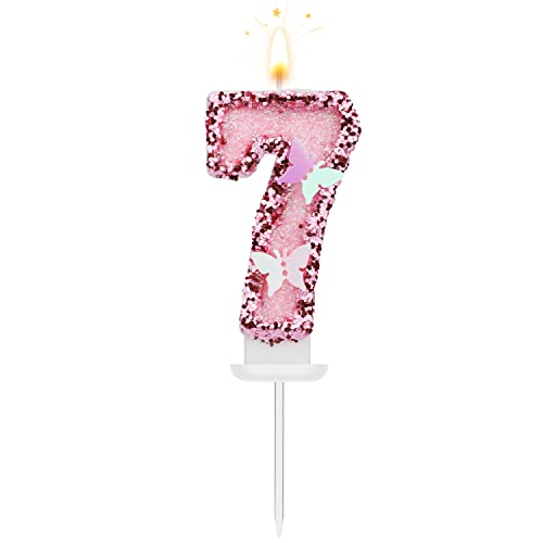 8 X 5 cm Geburtstag Nummer Kerzen, Glitzernde Zahlenkerze Rosa Zahlenkerzen Kuchenaufsatz Schmetterlings-Geburtstagskerzen mit Pailletten für Jubiläumsfeiern (Nummer 7) von TOYMIS