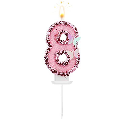 8 X 5 cm Geburtstag Nummer Kerzen, Glitzernde Zahlenkerze Rosa Zahlenkerzen Kuchenaufsatz Schmetterlings-Geburtstagskerzen mit Pailletten für Jubiläumsfeiern (Nummer 8) von TOYMIS