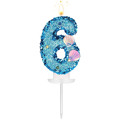 TOYMIS 8cm Muschel Geburtstagszahl Kerze, Glitzer-Zahlkerze, Tortenaufsatz, Muschel-Pailletten, Kuchenziffer für Geburtstag, Hochzeit, Jahrestag, Meerjungfrauen-Themenparty (Blau, 6) von TOYMIS