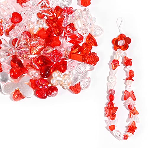 Acryl Verschiedene Perlen Gemischt Zufällige Süßigkeiten Perlen Kunststoff Bulk Klare Perlen mit String (8m) für DIY Schmuck Manuelle Kunst Design Fußkettenarmband (Rot, 150g/120~150pcs) von TOYMIS