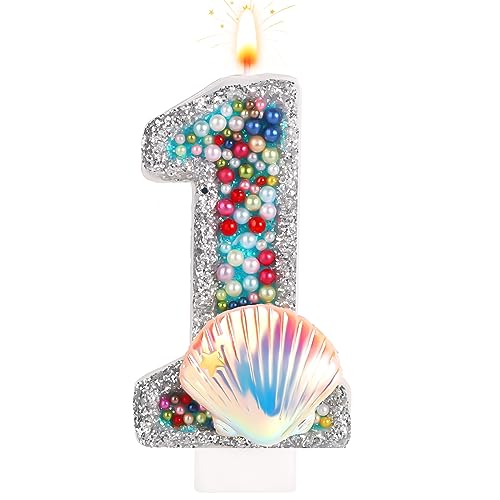 Geburtstagszahlen Kerzen, Geburtstagskerzen Nummer Perlen-Muschel-Pailletten-Zahlenkerzen für Geburtstags-Jubiläumsfeier Meerjungfrau-Themenparty (Zahl 1) von TOYMIS