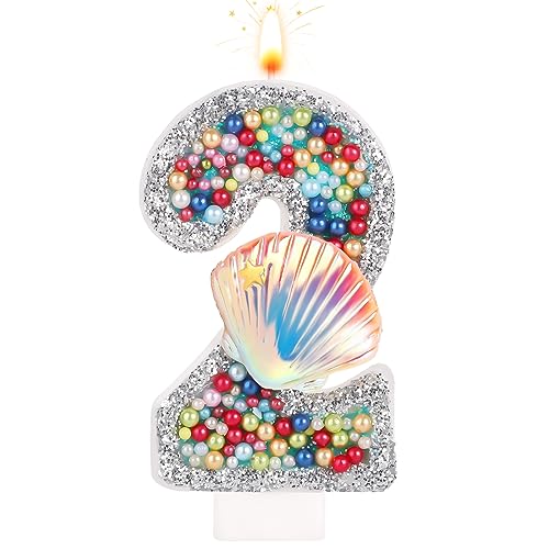 Geburtstagszahlen Kerzen, Geburtstagskerzen Nummer Perlen-Muschel-Pailletten-Zahlenkerzen für Geburtstags-Jubiläumsfeier Meerjungfrau-Themenparty (Zahl 2) von TOYMIS