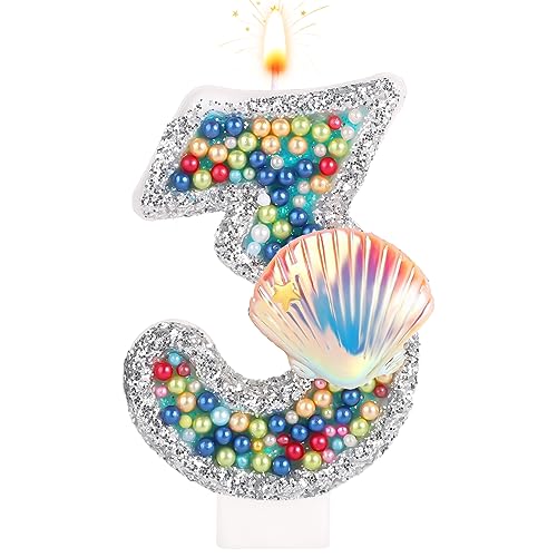 Geburtstagszahlen Kerzen, Geburtstagskerzen Nummer Perlen-Muschel-Pailletten-Zahlenkerzen für Geburtstags-Jubiläumsfeier Meerjungfrau-Themenparty (Zahl 3) von TOYMIS