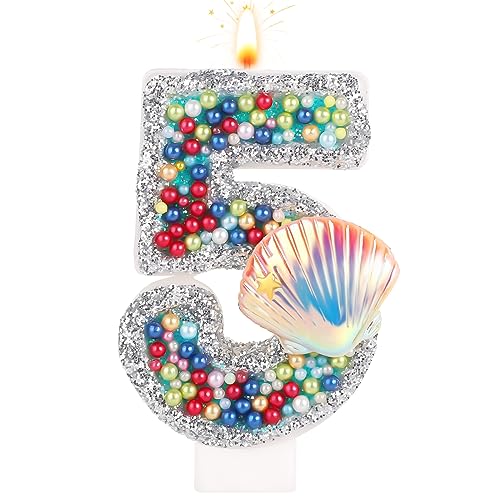 Geburtstagszahlen Kerzen, Geburtstagskerzen Nummer Perlen-Muschel-Pailletten-Zahlenkerzen für Geburtstags-Jubiläumsfeier Meerjungfrau-Themenparty (Zahl 5) von TOYMIS