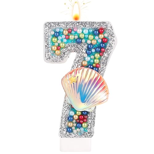 Geburtstagszahlen Kerzen, Geburtstagskerzen Nummer Perlen-Muschel-Pailletten-Zahlenkerzen für Geburtstags-Jubiläumsfeier Meerjungfrau-Themenparty (Zahl 7) von TOYMIS