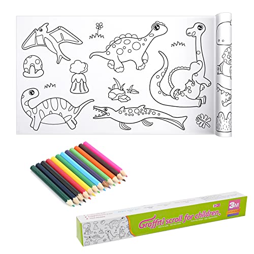 Kinder-Zeichenrolle, 300 x 30 cm Zeichenpapier Rolle Kinder mit 12 Buntstiften, Zeichenrolle Kinder Tiere Malpapier Kinder für Klassenzimmer Geburtstagsfeier (Dinosaurier) von TOYMIS