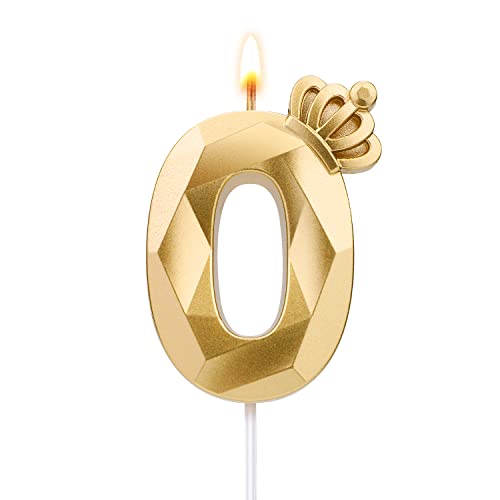 Number Birthday Candle, 3.1inch/7.9cm 3D Number Candle with Crown Decoration Large Cake Topper Birthday Cake Number Candle for Wedding Anniversary Graduation Holiday Party (Gold, 0) von TOYMIS