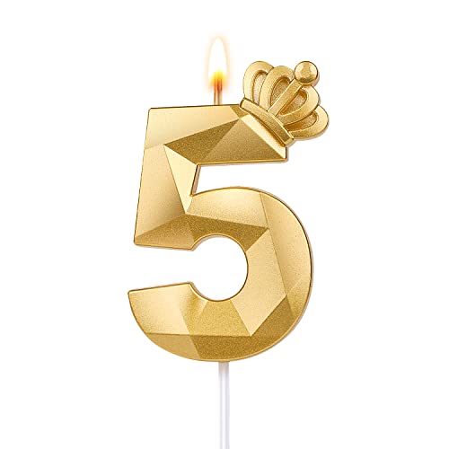 Number Birthday Candle, 3.1inch/7.9cm 3D Number Candle with Crown Decoration Large Cake Topper Birthday Cake Number Candle for Wedding Anniversary Graduation Holiday Party (Gold, 5) von TOYMIS