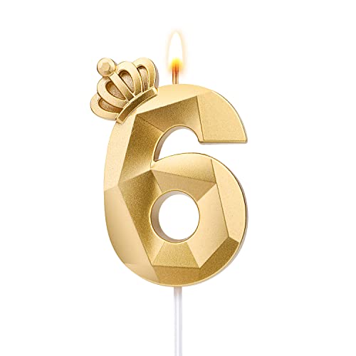 Number Birthday Candle, 3.1inch/7.9cm 3D Number Candle with Crown Decoration Large Cake Topper Birthday Cake Number Candle for Wedding Anniversary Graduation Holiday Party (Gold, 6) von TOYMIS