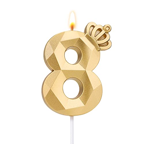 Number Birthday Candle, 3.1inch/7.9cm 3D Number Candle with Crown Decoration Large Cake Topper Birthday Cake Number Candle for Wedding Anniversary Graduation Holiday Party (Gold, 8) von TOYMIS