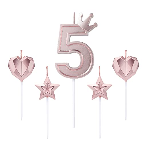 TOYMIS 1 Set mit 7,6 cm Geburtstagskerzen, Einschließlich 1 Kronenkuchen-Hauptzahlkerze, 2 Sternkerzen und 2 Herzkerzen für Geburtstag, Jubiläum, Partys (Roségold, 5) von TOYMIS