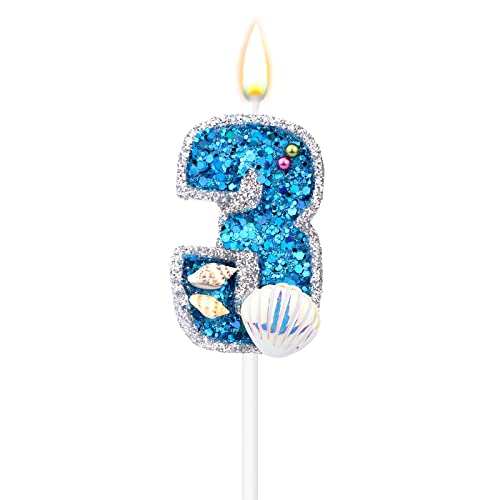 TOYMIS 8 X 5 cm Geburtstagszahlen Kerzen, Blaue Zahlenkerzen für Torte Muschel-Pailletten-Zahlenkerzen für Geburtstag Kerzentortenaufsatz Glitzer-Zahlenkerzen für Jubiläum Themenparty (3) von TOYMIS