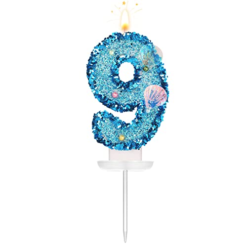 TOYMIS 8cm Muschel Geburtstagszahl Kerze, Glitzer-Zahlkerze, Tortenaufsatz, Muschel-Pailletten, Kuchenziffer für Geburtstag, Hochzeit, Jahrestag, Meerjungfrauen-Themenparty (Blau, 9) von TOYMIS