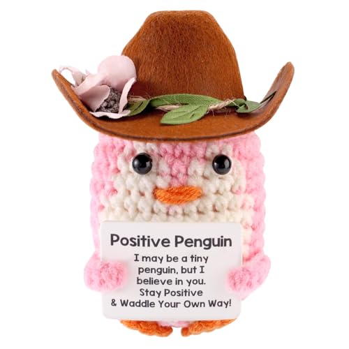 TOYMIS Positiver Pinguin mit Cowboyhut, Lustiges Gehäkeltes Tiergeschenk zur Emotionalen Unterstützung Süßes Gestricktes Pinguin-Plüschtier mit Aufmunternder Karte Perfekte Schreibtischdekoration von TOYMIS