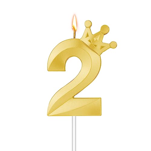 Zahlen Geburtstagskerzen, 3D-Zahlenkerze mit Krone Geburtstagskerzen Nummer Kuchendekorationskerze für Hochzeit Geburtstag Party Dekoration für Kinder und Erwachsene(Gold, 2) von TOYMIS