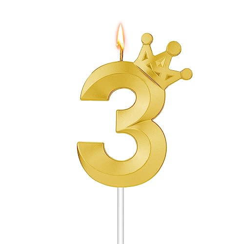 Zahlen Geburtstagskerzen, 3D-Zahlenkerze mit Krone Geburtstagskerzen Nummer Kuchendekorationskerze für Hochzeit Geburtstag Party Dekoration für Kinder und Erwachsene(Gold, 3) von TOYMIS