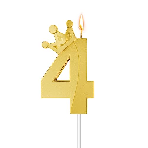 Zahlen Geburtstagskerzen, 3D-Zahlenkerze mit Krone Geburtstagskerzen Nummer Kuchendekorationskerze für Hochzeit Geburtstag Party Dekoration für Kinder und Erwachsene(Gold, 4) von TOYMIS