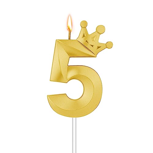 Zahlen Geburtstagskerzen, 3D-Zahlenkerze mit Krone Geburtstagskerzen Nummer Kuchendekorationskerze für Hochzeit Geburtstag Party Dekoration für Kinder und Erwachsene(Gold, 5) von TOYMIS