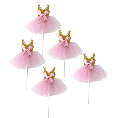 TOYMYTOY Glitzer Prinzessin Tutus Kleid Kuchen Toppers - Ballerina Rock Cupcake Picks für Mädchen Geburtstag Thema Party (Golden) - Packung mit 5 von TOYMYTOY