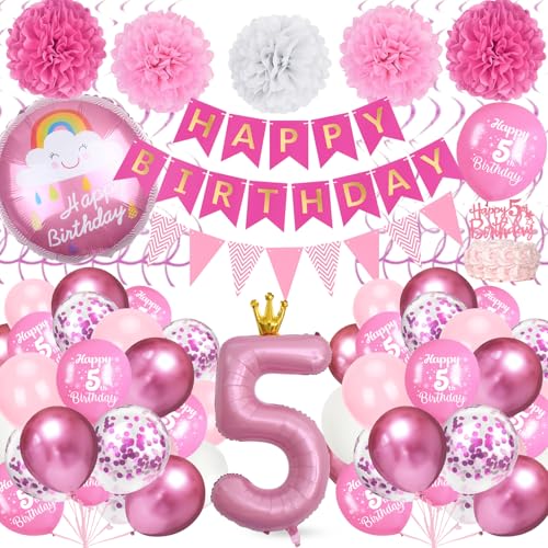 5 Geburtstag Dekorationen Mädchen, Rosa Party Dekoration Set mit Großer Zahl 5 Folienballon, Happy Birthday Banner, Papier Pompoms für Mädchen 5 Jahre Alt Party Decor 5 Geburtstag Dekorationen Mädchen, Rosa Party Dekoration Set mit Großer Zahl 5 Folienballon, Happy Birthday Banner, Papier Pompoms für Mädchen 5 Jahre Alt Party Decor von TOYTOPIE