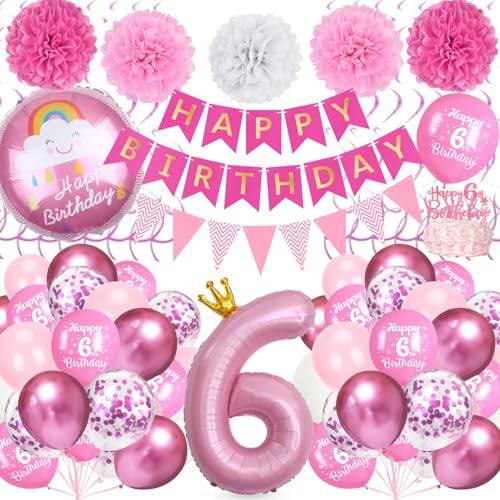 Deko 6. Geburtstag Mädchen, Rosa Deko Kindergeburtstag mit Aluminium Folie Zahl 6 Ballon, Banner, Happy Birthday Folienballon, Papierpompons, Pastell Ballons für Sechsjährige Geburtstagsmädchen Deko 6. Geburtstag Mädchen, Rosa Deko Kindergeburtstag mit Aluminium Folie Zahl 6 Ballon, Banner, Happy Birthday Folienballon, Papierpompons, Pastell Ballons für Sechsjährige Geburtstagsmädchen von TOYTOPIE